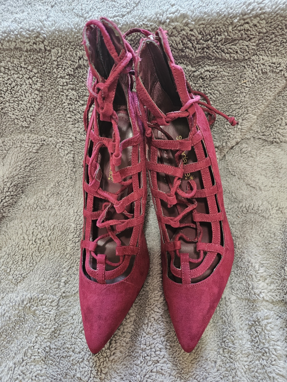 ShoeDazzle Burgundy Lace Up Cage Stiletto Heels Pumps Size 8